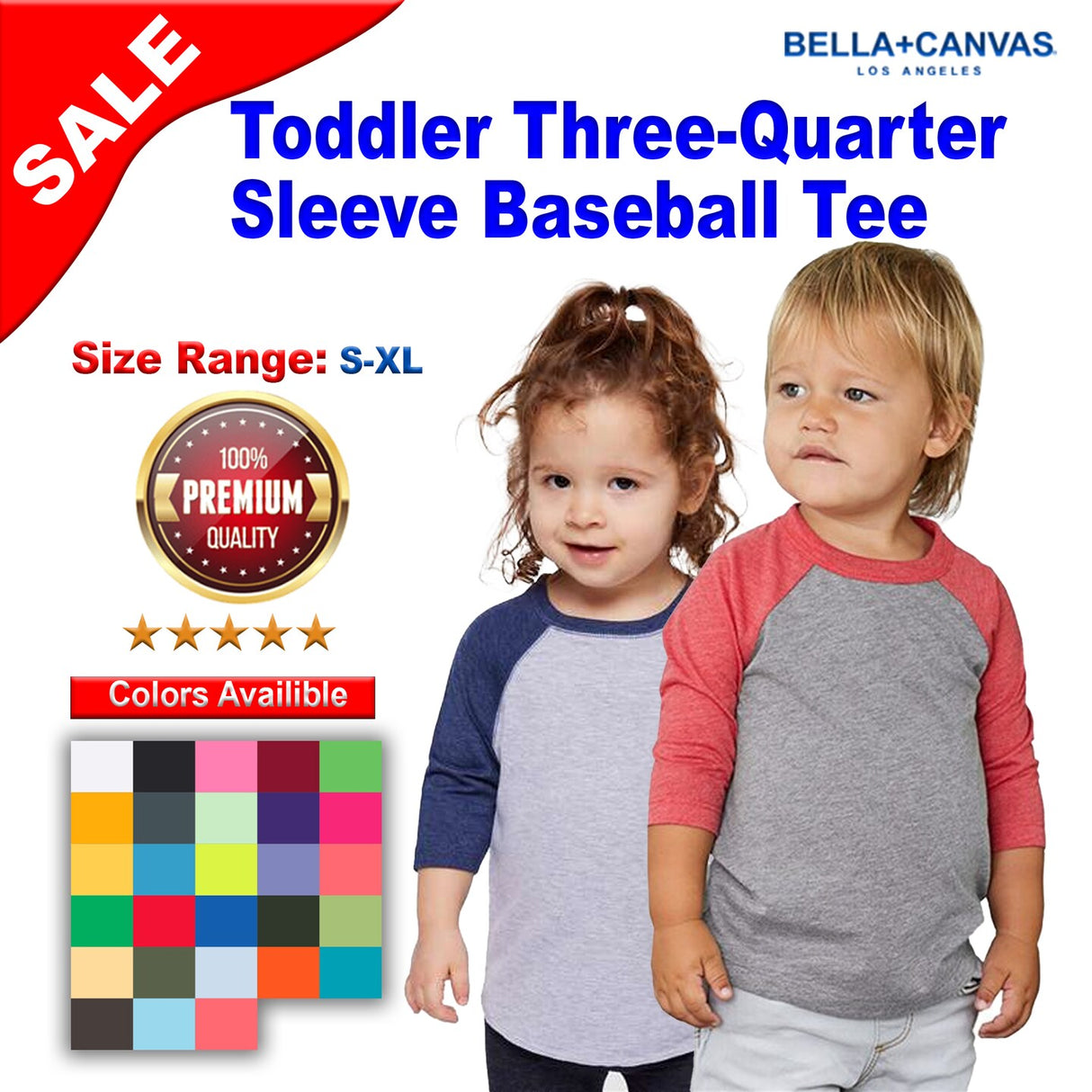 BELLA + CANVAS® Toddler Three Quarter Sleeve Baseball Tee