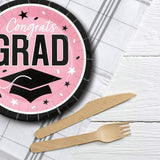 25 Count Pink Congrats Grad 9 Inch Paper Plates for Fun Graduation Party Supplies