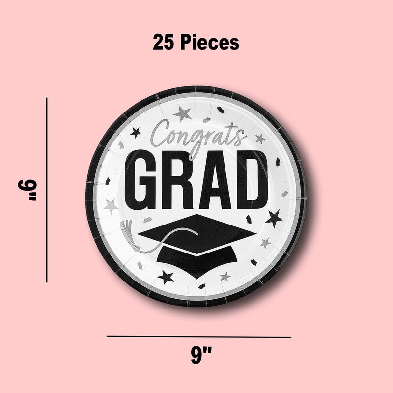 25 Count White Congrats Grad Paper Plates 9 Inch Round for Graduation Table Displays