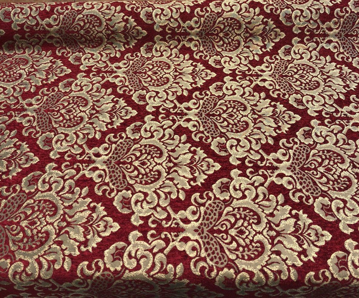 Cleopatra Chenille Upholstery Fabric - Ruby Red Gold Damask Print, 56" Width (1 Yard)