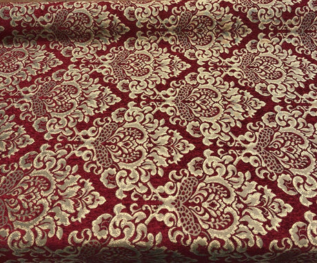 Cleopatra Chenille Upholstery Fabric - Ruby Red Gold Damask Print, 56" Width (1 Yard)