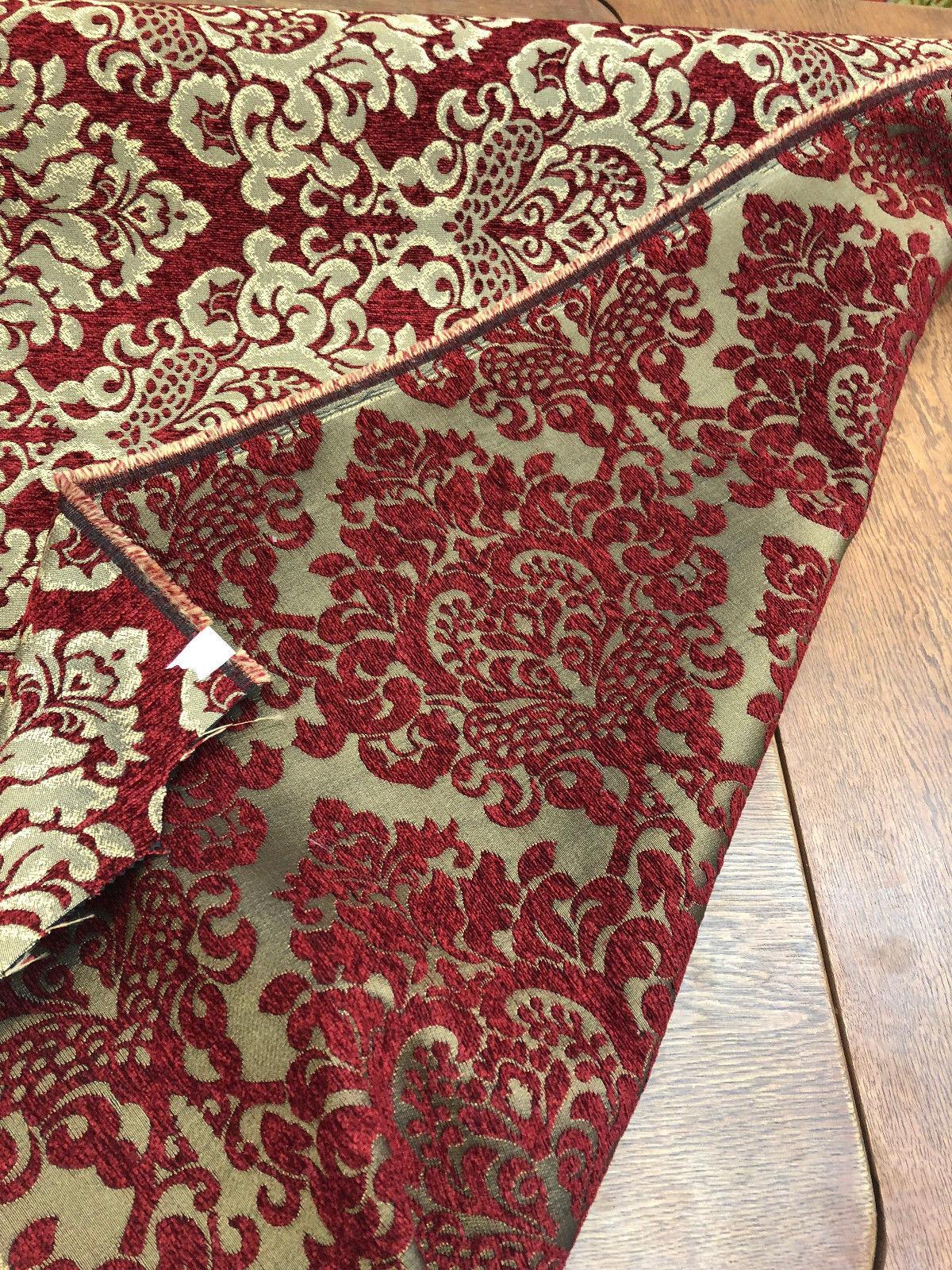 Cleopatra Chenille Upholstery Fabric - Ruby Red Gold Damask Print, 56" Width (1 Yard)