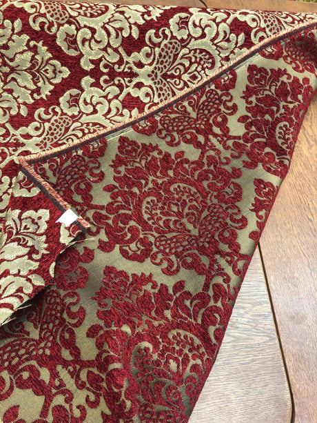 Cleopatra Chenille Upholstery Fabric - Ruby Red Gold Damask Print, 56" Width (1 Yard)