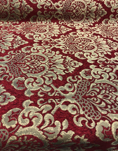 Cleopatra Chenille Upholstery Fabric - Ruby Red Gold Damask Print, 56" Width (1 Yard)