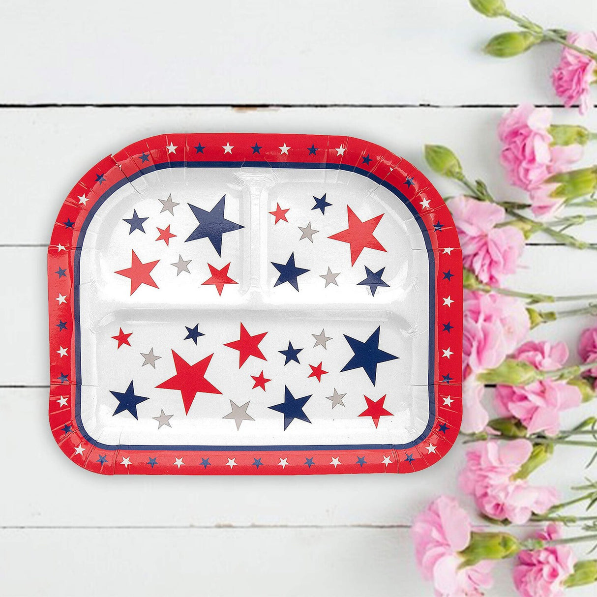 8 Count Patriotic Party Star Paper Dinner Plates with Compartments Red White Blue 8x9.5"