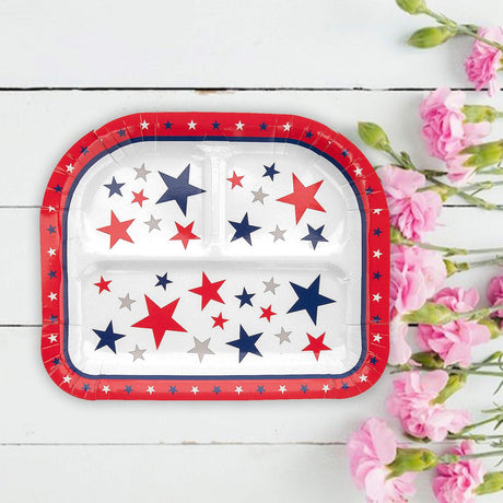 8 Count Patriotic Party Star Paper Dinner Plates with Compartments Red White Blue 8x9.5"