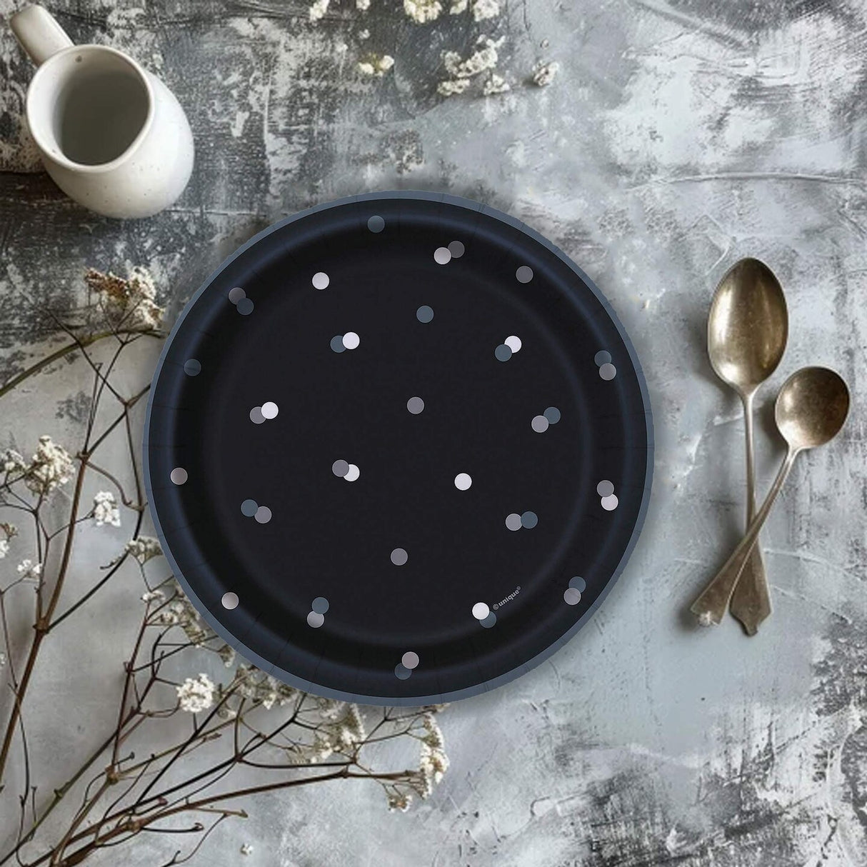 8 Count Glitz Party Disposable Black Dessert Plates with Silver Dots 6 3/4 Inch Elegant Party Supplies