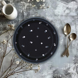 8 Count Glitz Party Disposable Black Dessert Plates with Silver Dots 6 3/4 Inch Elegant Party Supplies
