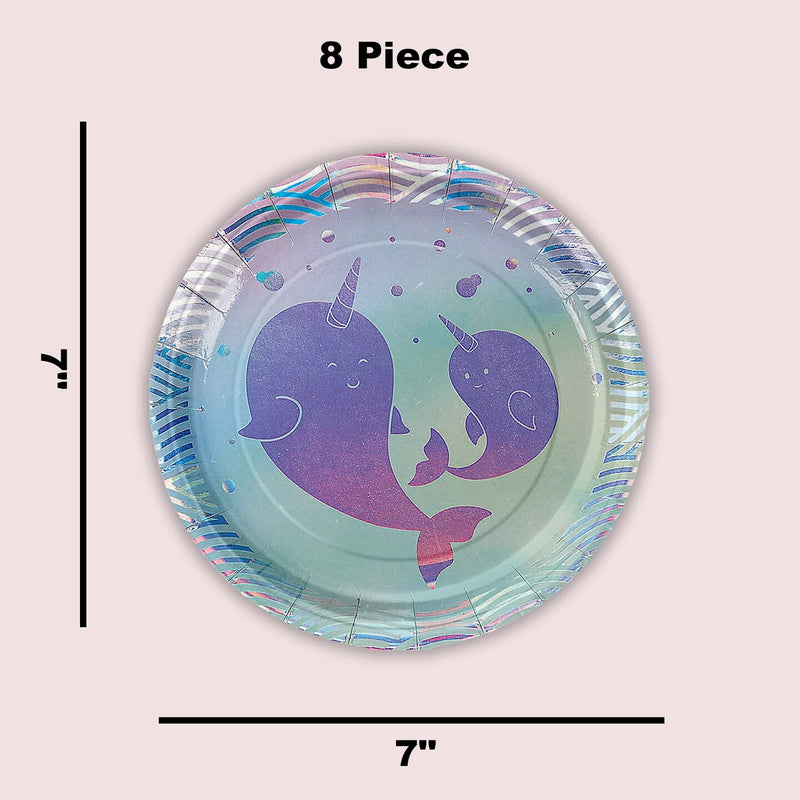 8 Count Iridescent Narwhal Party Paper Dessert Plates 7 Inch Disposable Kids Birthday Supplies