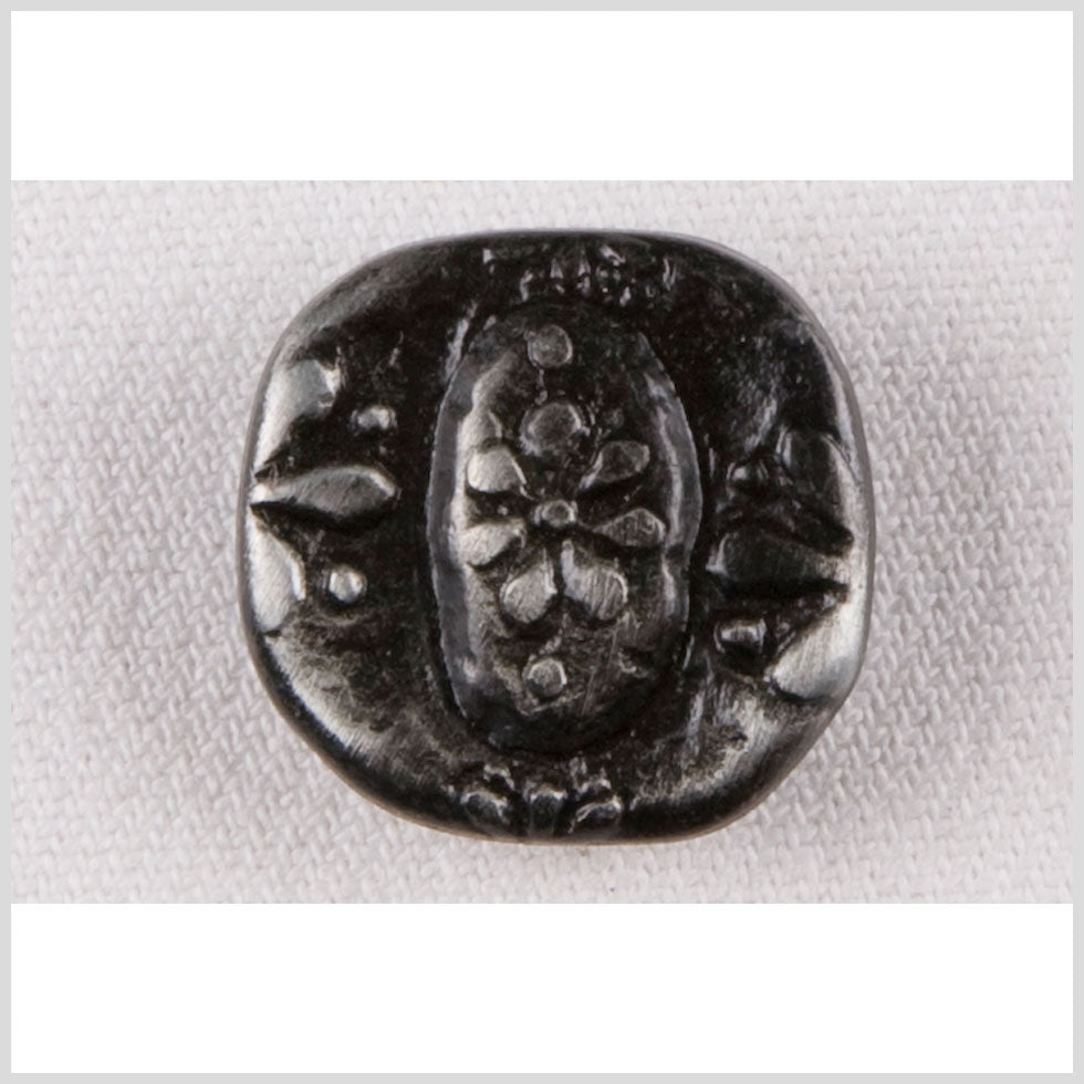 Square Metal Shank Back Button - 36L/23mm - Rustic Gunmetal Carved Flowers and Oval