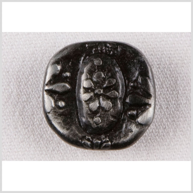 Square Metal Shank Back Button - 36L/23mm - Rustic Gunmetal Carved Flowers and Oval
