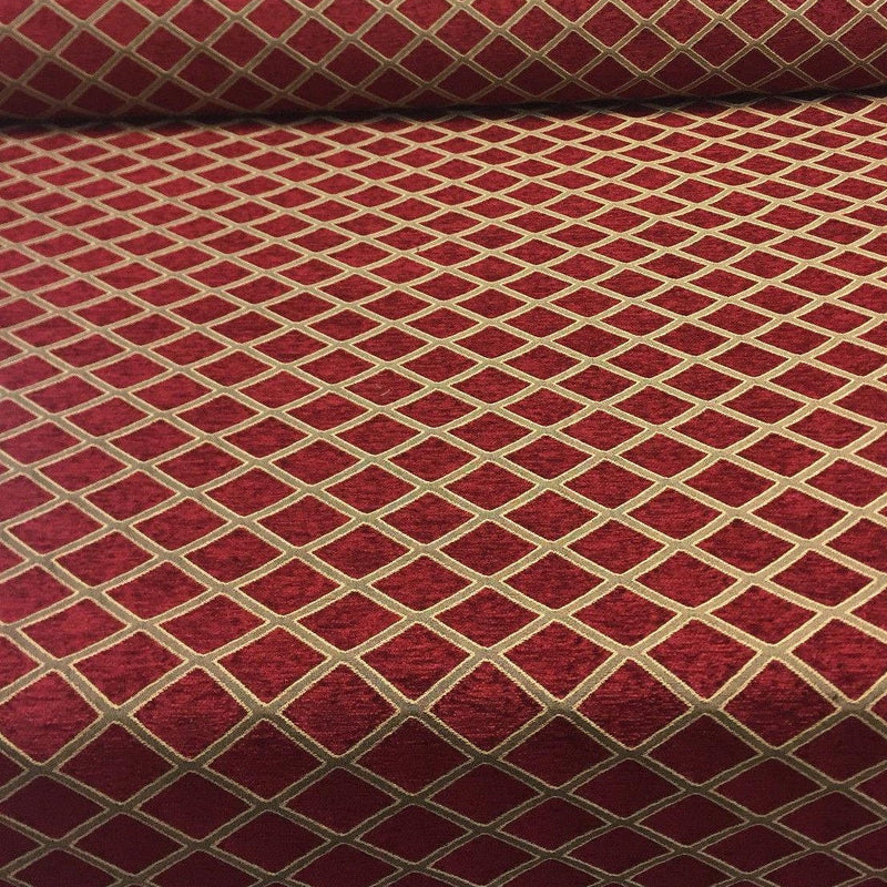 Cleopatra Chenille Upholstery Fabric - Diamond Ruby Red Gold Print, 56" Width (By The Yard)
