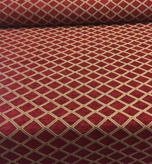 Cleopatra Chenille Upholstery Fabric - Diamond Ruby Red Gold Print, 56" Width (By The Yard)