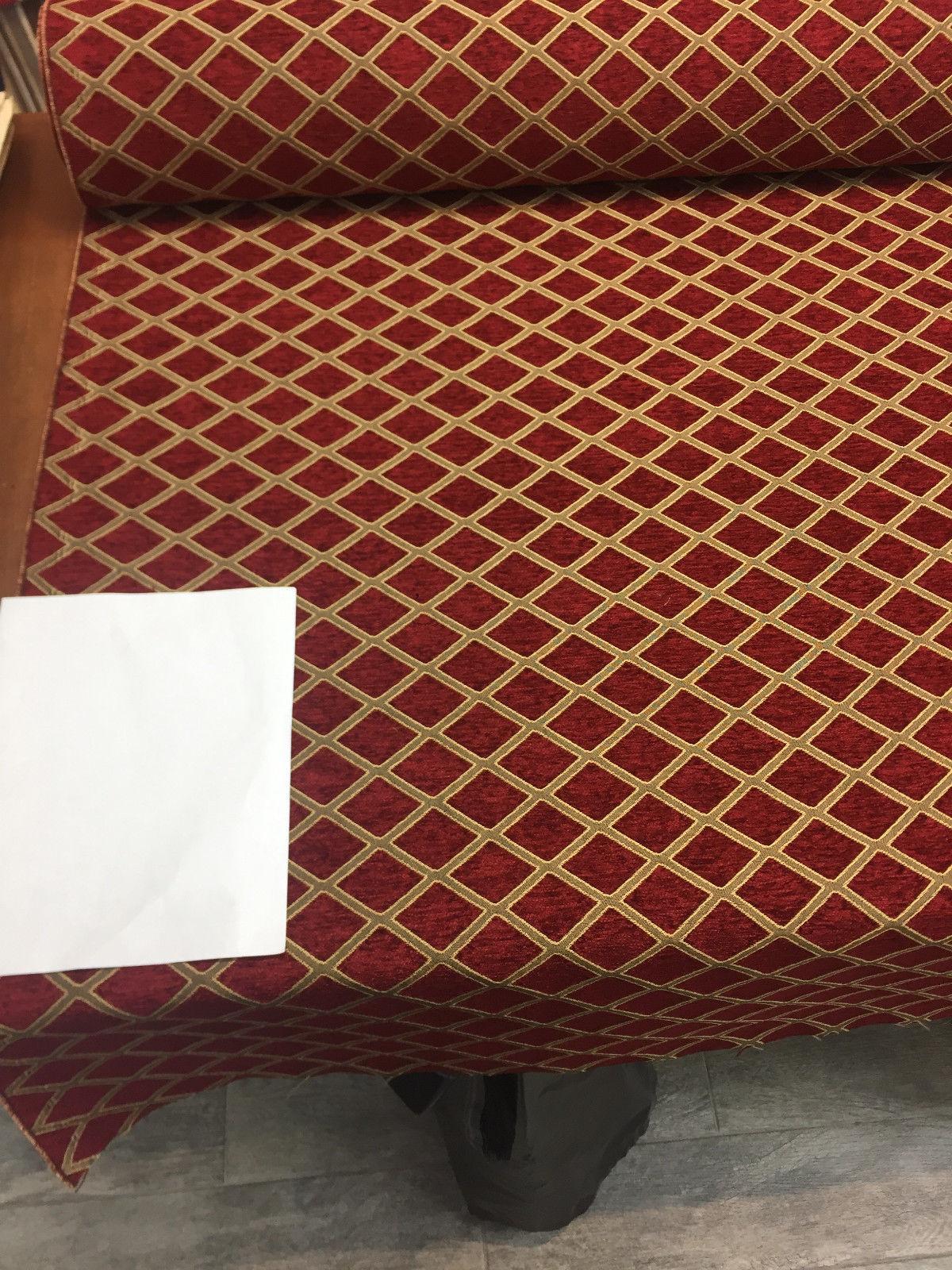 Cleopatra Chenille Upholstery Fabric - Diamond Ruby Red Gold Print, 56" Width (By The Yard)