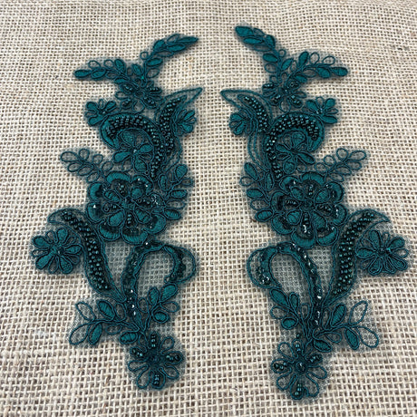 1 Pair Beaded & Corded Floral Lace Applique 9" x 2.5" Each Side