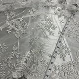 1 Yard Corded Bridal Lace Fabric Embroidered on 100% Polyester Net Mesh – Silver – 53"