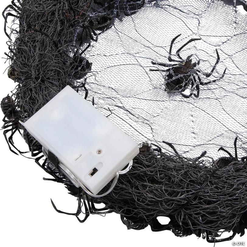14 3/4" Light-Up Hanging Wreath with Black Spiders Halloween Decoration