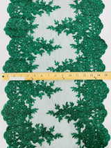 14" Wide Sequins Metallic Trim Lace On Mesh Fabric - Embroidered Sequins, Scalloped Double Border, 14" Width (1 Yard)