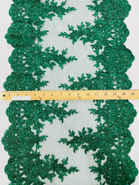 14" Wide Sequins Metallic Trim Lace On Mesh Fabric - Embroidered Sequins, Scalloped Double Border, 14" Width (1 Yard)