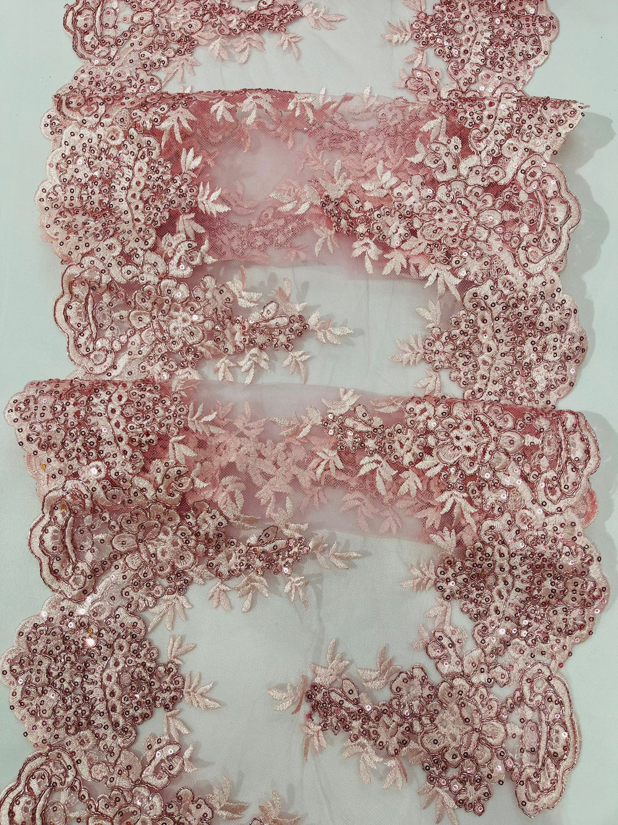 14" Wide Sequins Metallic Trim Lace On Mesh Fabric - Embroidered Sequins, Scalloped Double Border, 14" Width (1 Yard)
