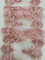 14" Wide Sequins Metallic Trim Lace On Mesh Fabric - Embroidered Sequins, Scalloped Double Border, 14" Width (1 Yard)