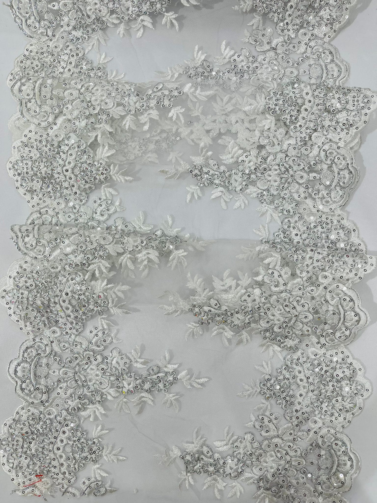 14" Wide Sequins Metallic Trim Lace On Mesh Fabric - Embroidered Sequins, Scalloped Double Border, 14" Width (1 Yard)