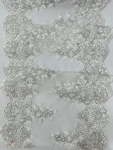 14" Wide Sequins Metallic Trim Lace On Mesh Fabric - Embroidered Sequins, Scalloped Double Border, 14" Width (1 Yard)