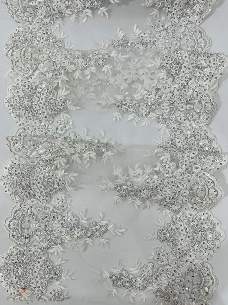 14" Wide Sequins Metallic Trim Lace On Mesh Fabric - Embroidered Sequins, Scalloped Double Border, 14" Width (1 Yard)