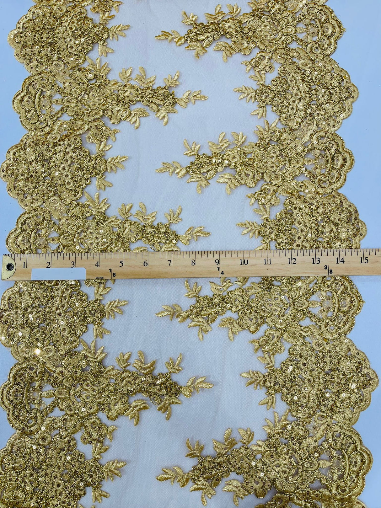 14" Wide Sequins Metallic Trim Lace On Mesh Fabric - Embroidered Sequins, Scalloped Double Border, 14" Width (1 Yard)