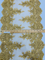 14" Wide Sequins Metallic Trim Lace On Mesh Fabric - Embroidered Sequins, Scalloped Double Border, 14" Width (1 Yard)