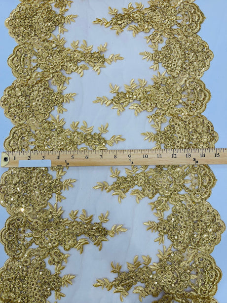 14" Wide Sequins Metallic Trim Lace On Mesh Fabric - Embroidered Sequins, Scalloped Double Border, 14" Width (1 Yard)