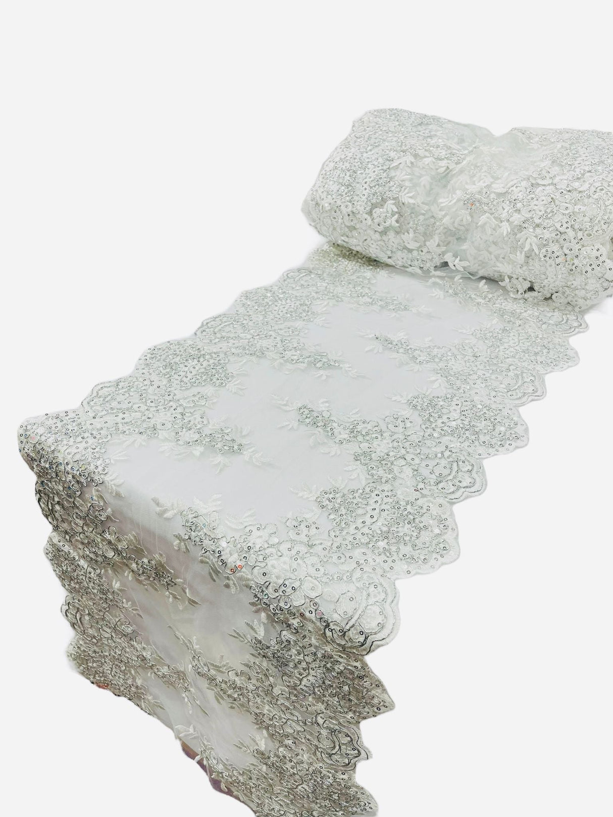 14" Wide Sequins Metallic Trim Lace On Mesh Fabric - Embroidered Sequins, Scalloped Double Border, 14" Width (1 Yard)