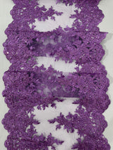 14" Wide Sequins Metallic Trim Lace On Mesh Fabric - Embroidered Sequins, Scalloped Double Border, 14" Width (1 Yard)