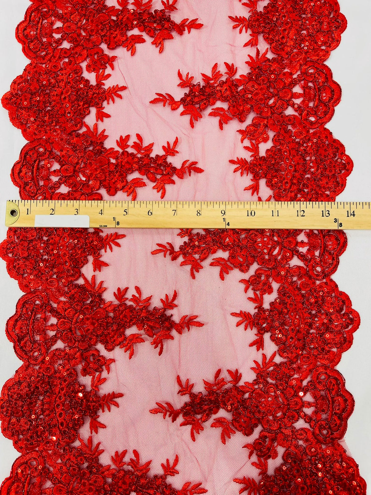 14" Wide Sequins Metallic Trim Lace On Mesh Fabric - Embroidered Sequins, Scalloped Double Border, 14" Width (1 Yard)