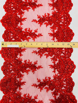 14" Wide Sequins Metallic Trim Lace On Mesh Fabric - Embroidered Sequins, Scalloped Double Border, 14" Width (1 Yard)