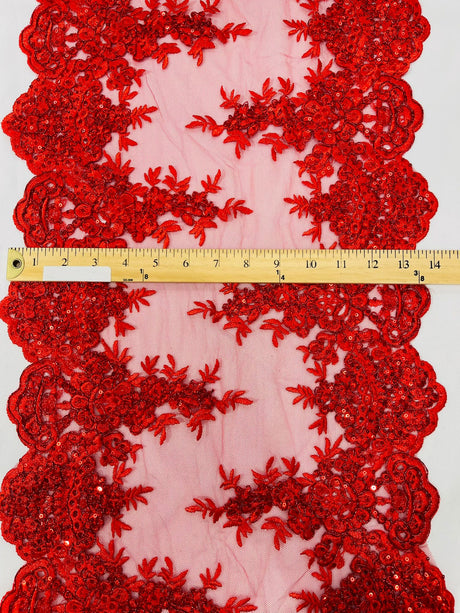 14" Wide Sequins Metallic Trim Lace On Mesh Fabric - Embroidered Sequins, Scalloped Double Border, 14" Width (1 Yard)