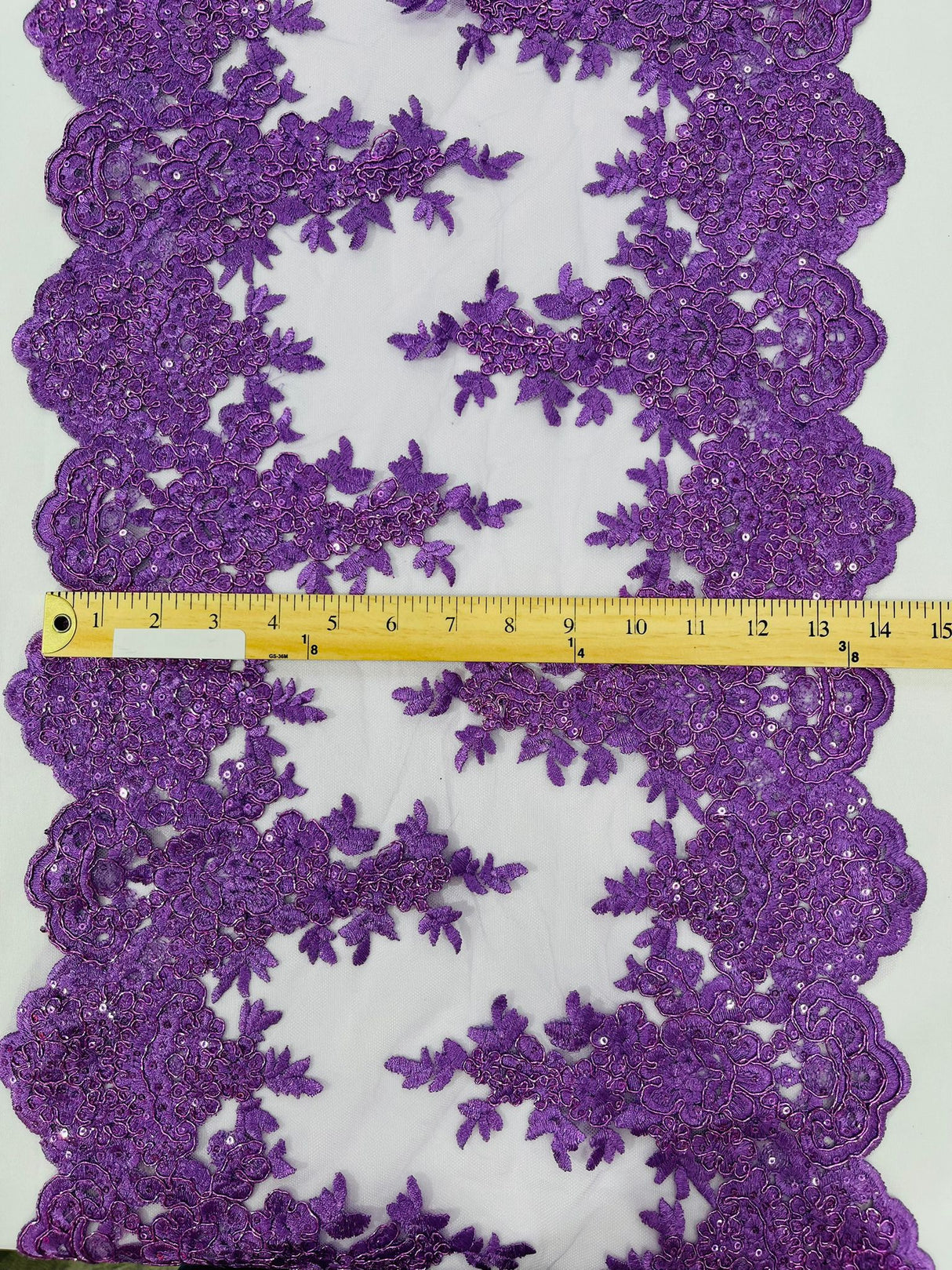 14" Wide Sequins Metallic Trim Lace On Mesh Fabric - Embroidered Sequins, Scalloped Double Border, 14" Width (1 Yard)