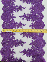 14" Wide Sequins Metallic Trim Lace On Mesh Fabric - Embroidered Sequins, Scalloped Double Border, 14" Width (1 Yard)