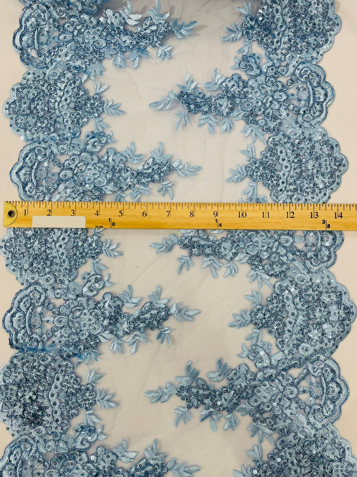 14" Wide Sequins Metallic Trim Lace On Mesh Fabric - Embroidered Sequins, Scalloped Double Border, 14" Width (1 Yard)
