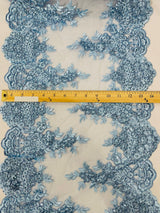 14" Wide Sequins Metallic Trim Lace On Mesh Fabric - Embroidered Sequins, Scalloped Double Border, 14" Width (1 Yard)