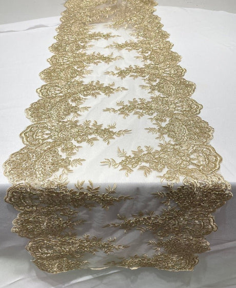 14" Wide Sequins Metallic Trim Lace On Mesh Fabric - Embroidered Sequins, Scalloped Double Border, 14" Width (1 Yard)
