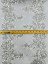 14" Wide Sequins Metallic Trim Lace On Mesh Fabric - Embroidered Sequins, Scalloped Double Border, 14" Width (1 Yard)