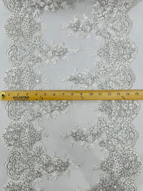 14" Wide Sequins Metallic Trim Lace On Mesh Fabric - Embroidered Sequins, Scalloped Double Border, 14" Width (1 Yard)
