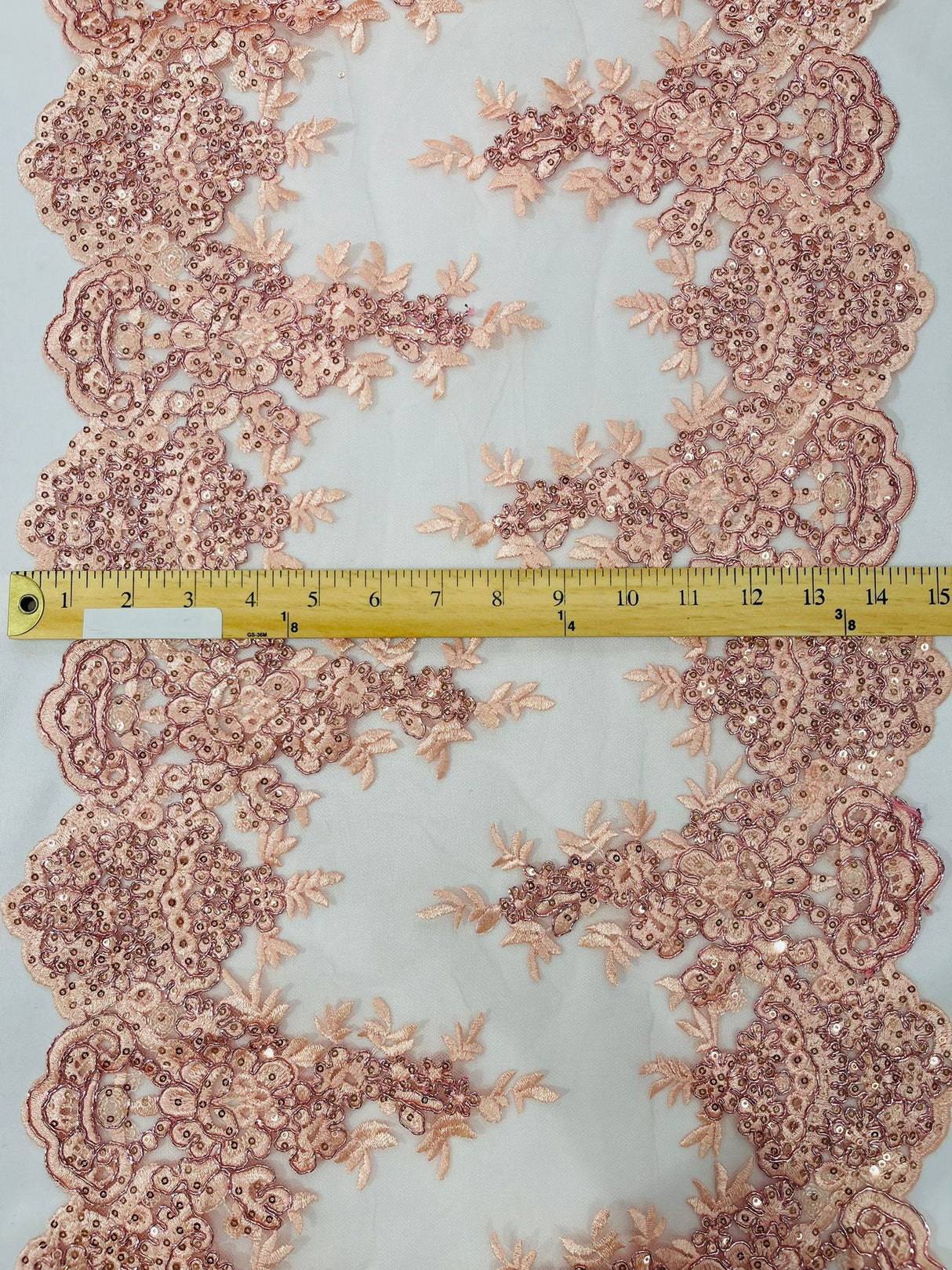 14" Wide Sequins Metallic Trim Lace On Mesh Fabric - Embroidered Sequins, Scalloped Double Border, 14" Width (1 Yard)