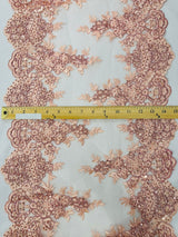 14" Wide Sequins Metallic Trim Lace On Mesh Fabric - Embroidered Sequins, Scalloped Double Border, 14" Width (1 Yard)