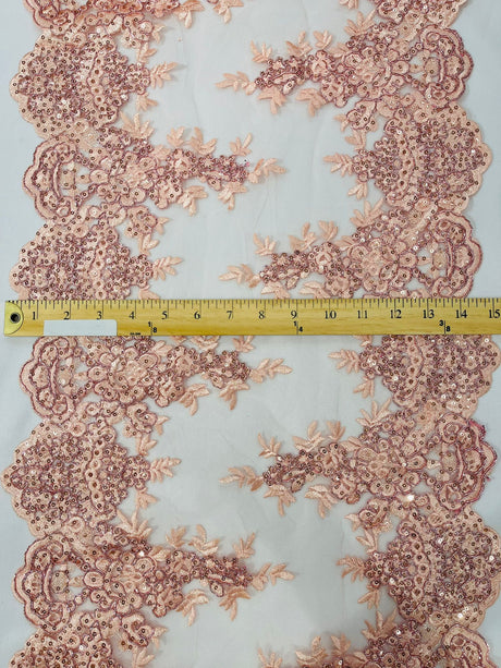 14" Wide Sequins Metallic Trim Lace On Mesh Fabric - Embroidered Sequins, Scalloped Double Border, 14" Width (1 Yard)
