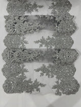 14" Wide Sequins Metallic Trim Lace On Mesh Fabric - Embroidered Sequins, Scalloped Double Border, 14" Width (1 Yard)