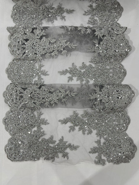 14" Wide Sequins Metallic Trim Lace On Mesh Fabric - Embroidered Sequins, Scalloped Double Border, 14" Width (1 Yard)
