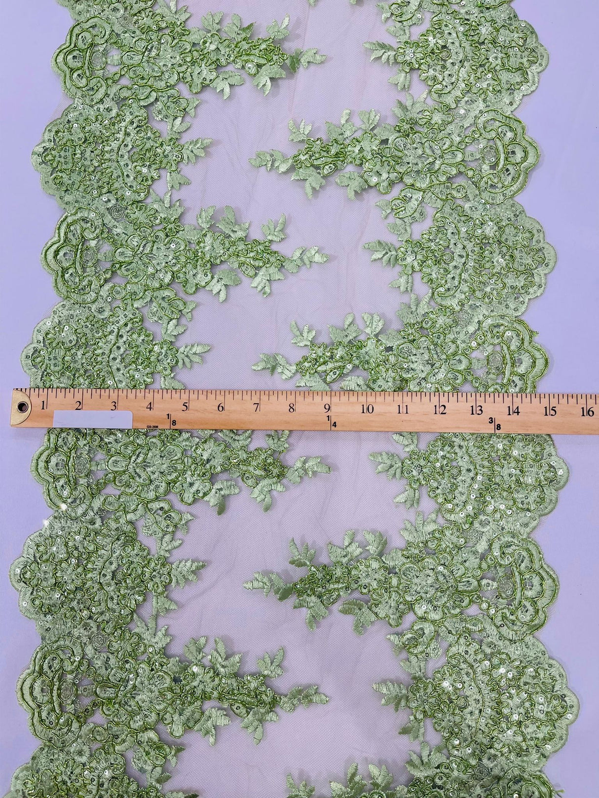 14" Wide Sequins Metallic Trim Lace On Mesh Fabric - Embroidered Sequins, Scalloped Double Border, 14" Width (1 Yard)