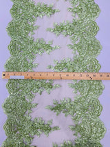 14" Wide Sequins Metallic Trim Lace On Mesh Fabric - Embroidered Sequins, Scalloped Double Border, 14" Width (1 Yard)